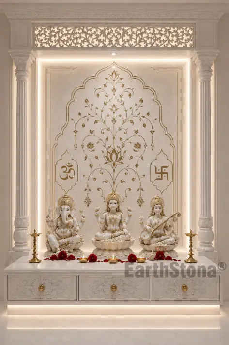 Luxury Shri Ram Vietnam white marble mandir with brass inlay work and elegant jaali by EarthStona